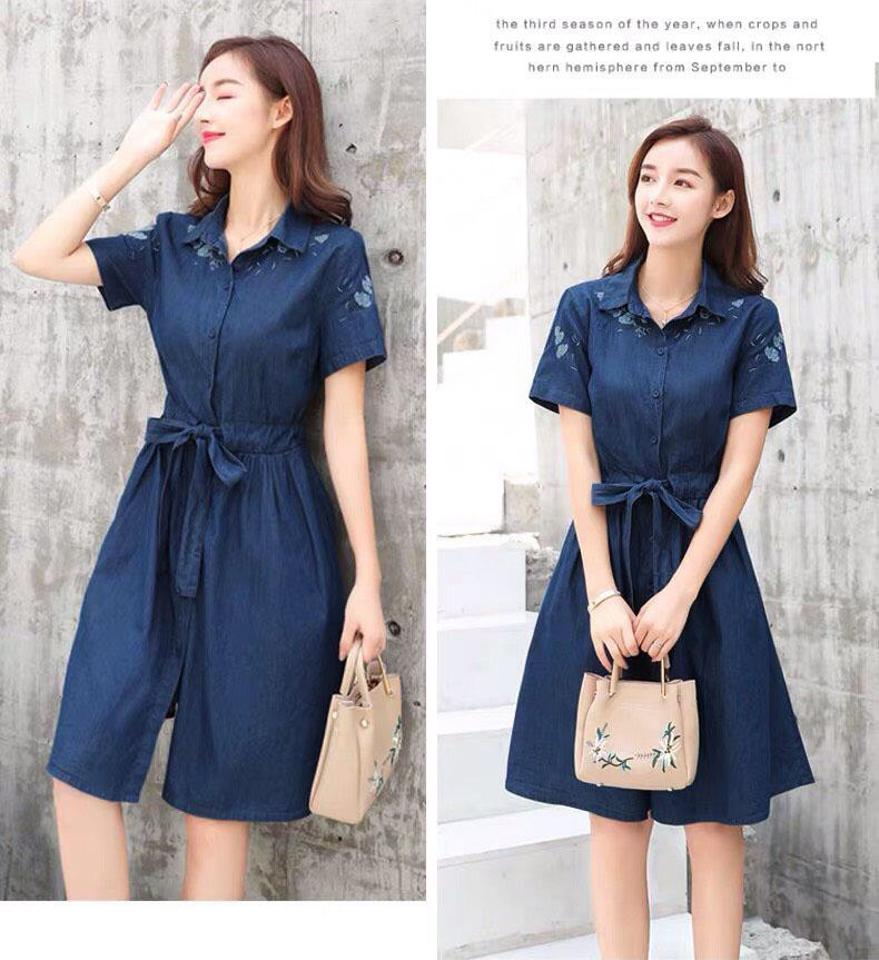 ĐẦM JEAN CỔ SƠ MI THẮT EO THÊU HOA 